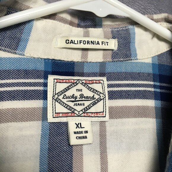 Lucky Brand Men Button Up Plaid Shirt size XL Short Sleeve Blue White California - Picture 4 of 15